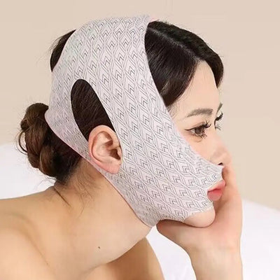 Adjustable V-line lifting mask strap for chin and cheek slimming, showcasing anti-wrinkle features on a neutral background.