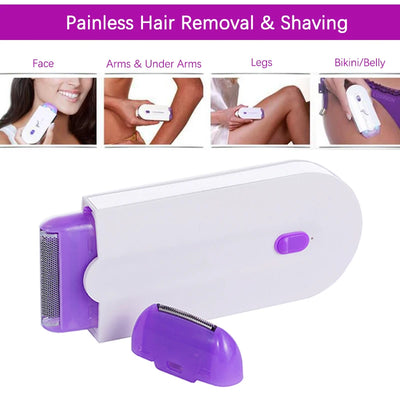 USB rechargeable laser touch epilator for painless hair removal on body, face, and bikini area, displayed on a white background.